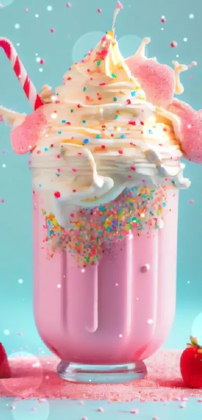 Colorful strawberry milkshake with whipped cream and sprinkles.