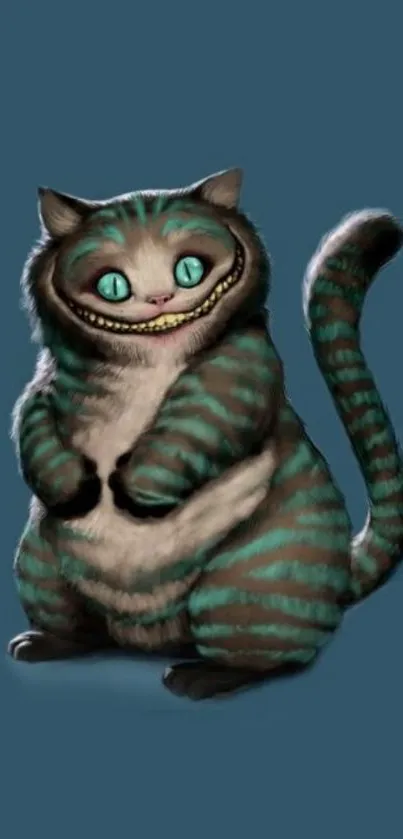 Whimsical striped cat on a teal background.