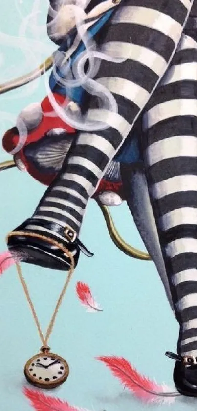 Whimsical art of striped legs in Wonderland setting.