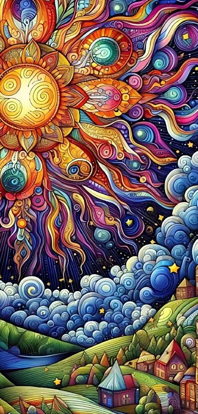 Vibrant sun and village with swirling patterns in colorful art wallpaper.