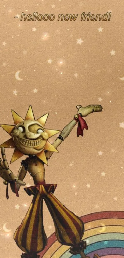 Whimsical sun character with stars and rainbow on a beige background.