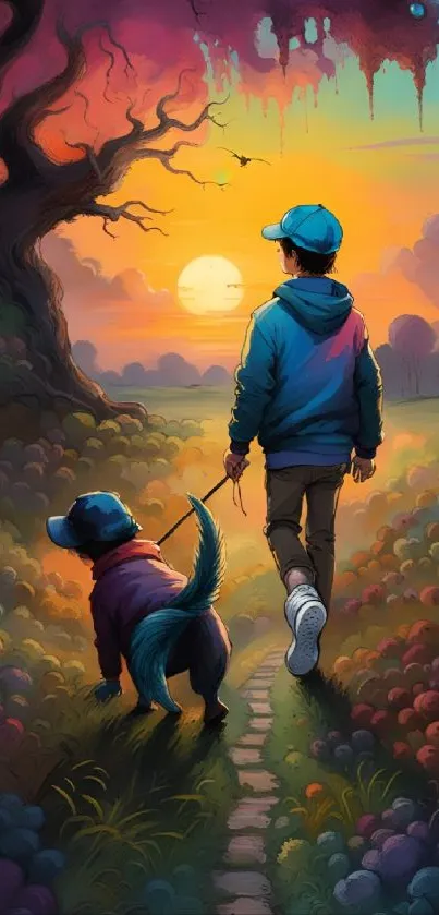 Whimsical scene of boy and dog at sunset.