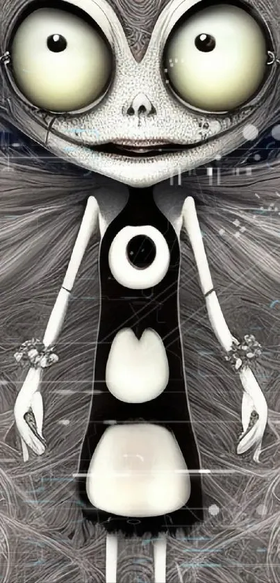 Surreal whimsical character art with a monochrome theme on mobile wallpaper.