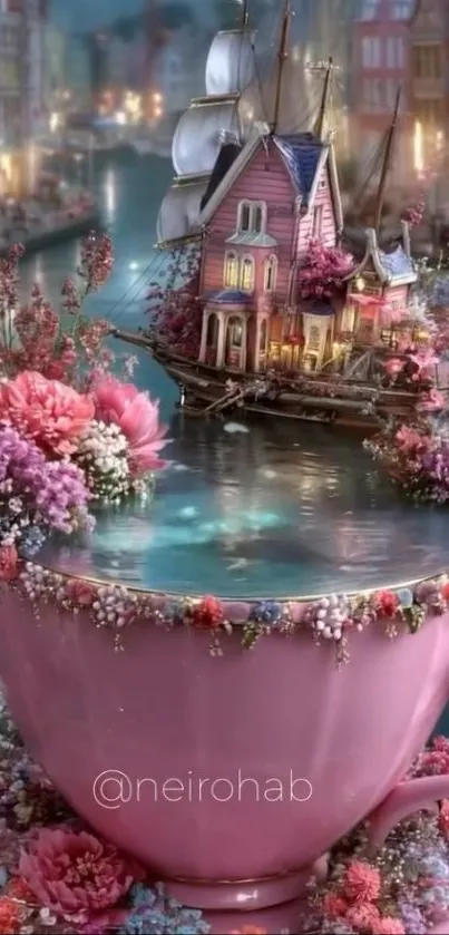 Whimsical teacup with flowers and village.