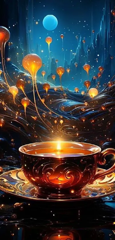 Whimsical glowing tea cup with floating orbs and blue celestial background.
