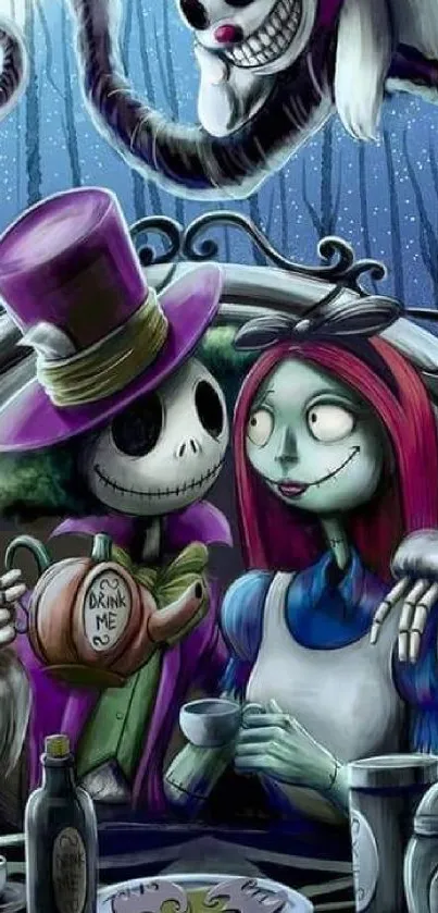 Whimsical fantasy art mobile wallpaper with skeleton and doll at a tea party.