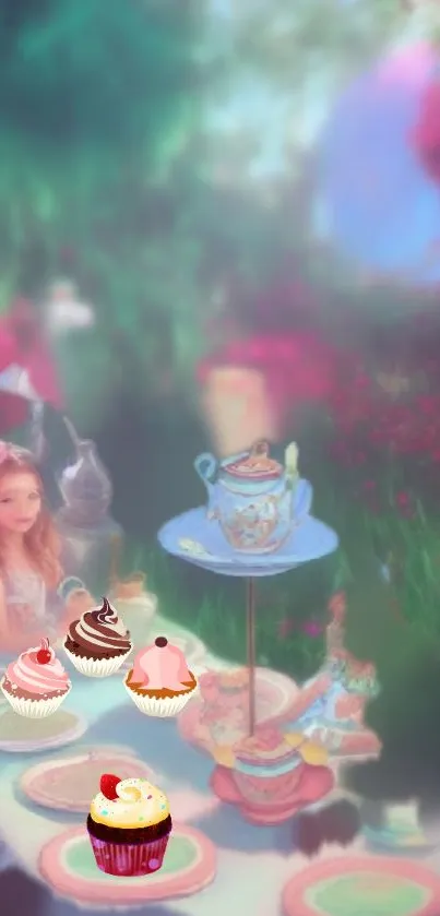 Whimsical tea party with cupcakes and vibrant background.