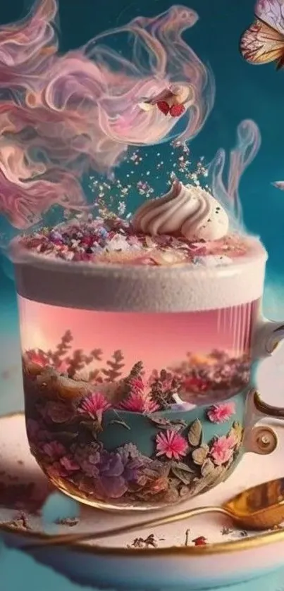 Whimsical tea cup with pink smoke and butterflies in fantasy artwork.