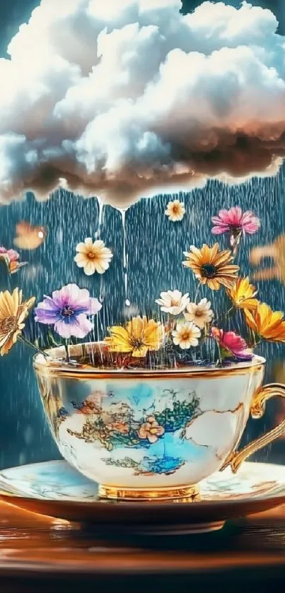 Whimsical teacup with flowers and a raining cloud.