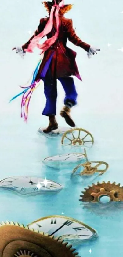 Whimsical figure walks on floating clock gears, art wallpaper.