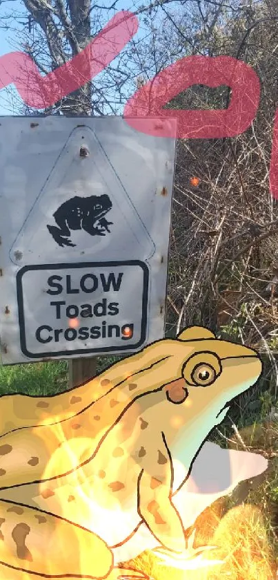 Whimsical toad crossing sign with cartoon toad on a grassy path.