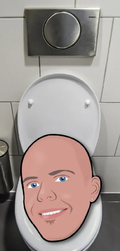 Cartoon face on toilet seat, humorous wallpaper.