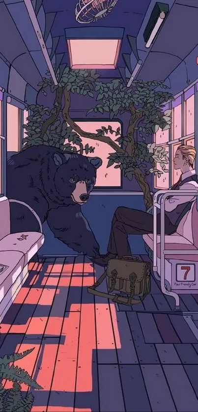 Surreal art of a bear and passenger on a train, blending nature and fantasy.