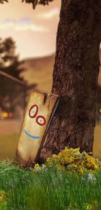 Whimsical tree art with a painted face in a countryside setting.