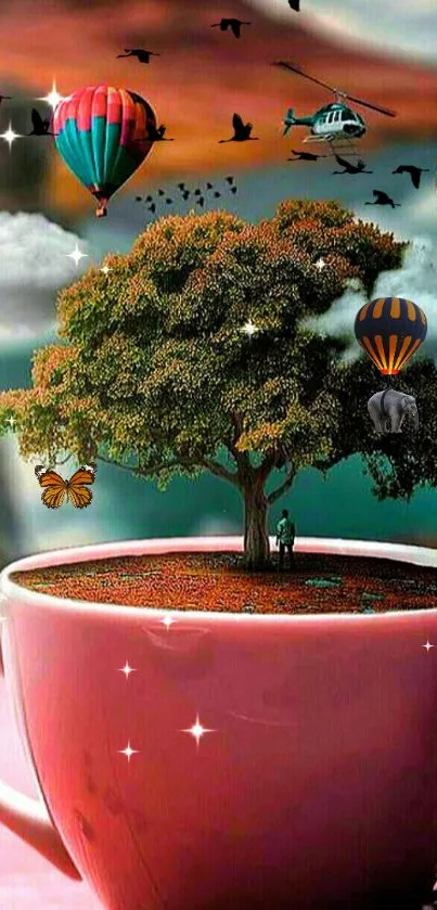 Whimsical tree growing in a coffee cup with hot air balloons.