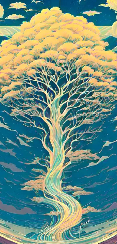 Whimsical illustration of a majestic tree against a surreal navy blue sky.