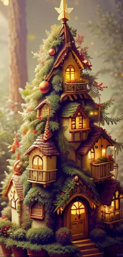 Whimsical treehouse with festive lights and Christmas decorations.