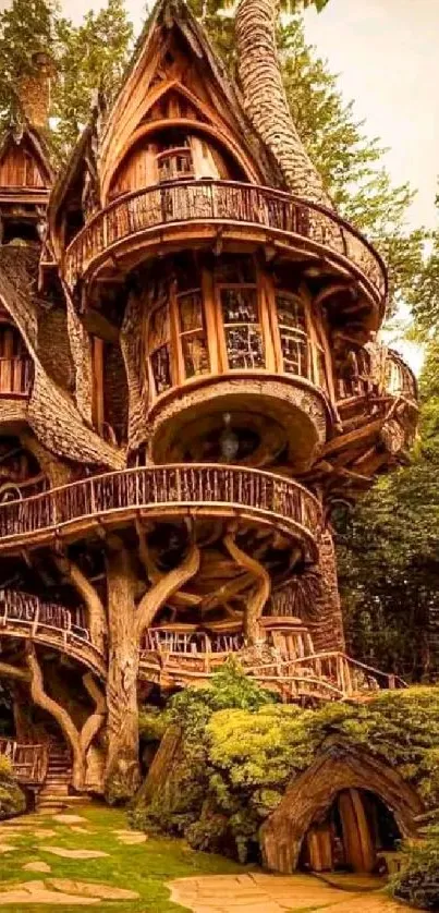 Whimsical treehouse in lush green forest with fantasy charm.