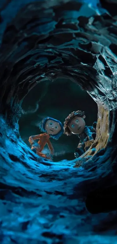 Whimsical animated tunnel view with characters looking inside, in vibrant blue hues.