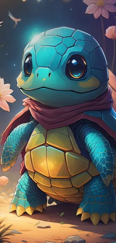 Fantasy turtle with scarf in a floral, magical setting.