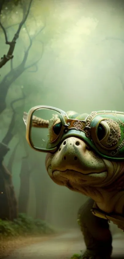 Turtle wearing glasses in an enchanted forest wallpaper.