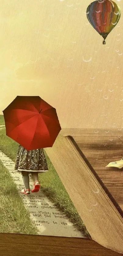 Whimsical artwork with a red umbrella and hot air balloon against a book background.