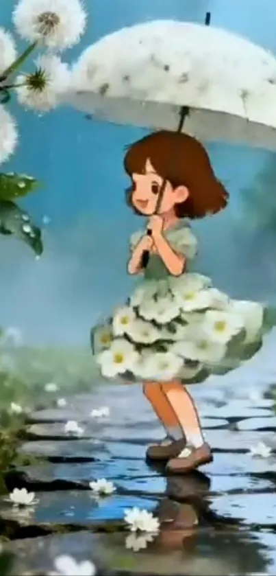 Cartoon girl with umbrella on a flower path.