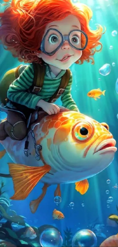 Child on fish in colorful ocean scene wallpaper.