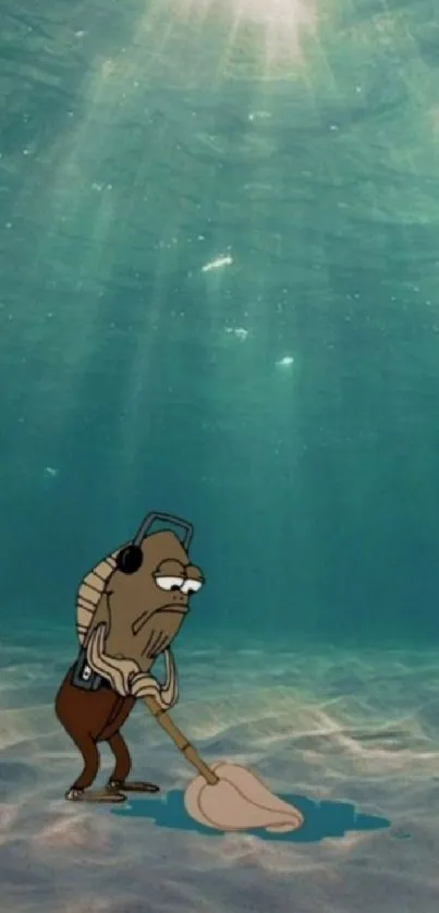 Whimsical cartoon fish cleans ocean floor in light-filled water.