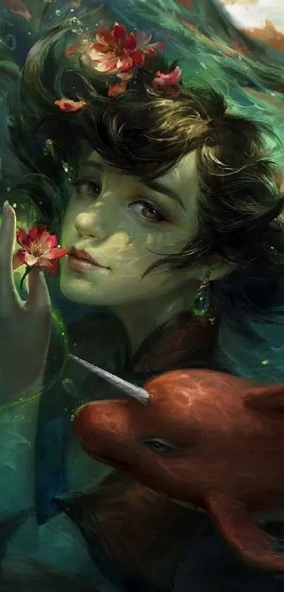 Whimsical underwater fantasy art with serene figure and flowers.