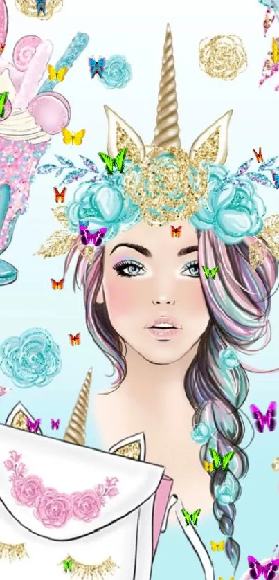 Artistic unicorn illustration with pastel colors and floral elements.