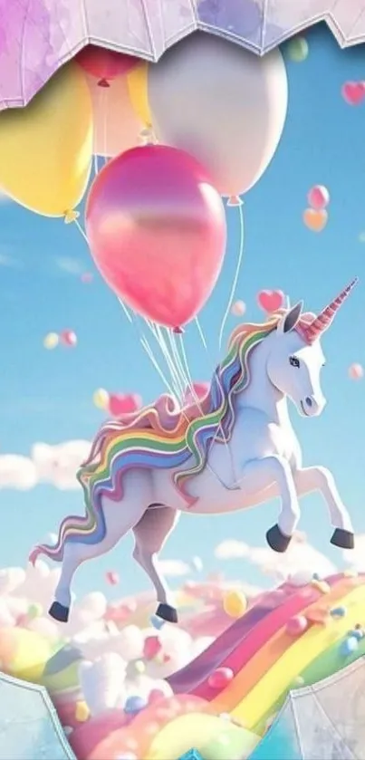 Unicorn with colorful balloons flying in a whimsical sky.