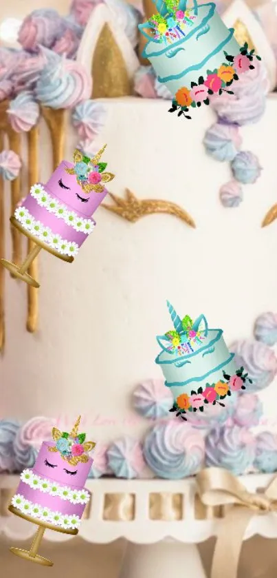 Pastel unicorn cake design with playful colors and charming details.