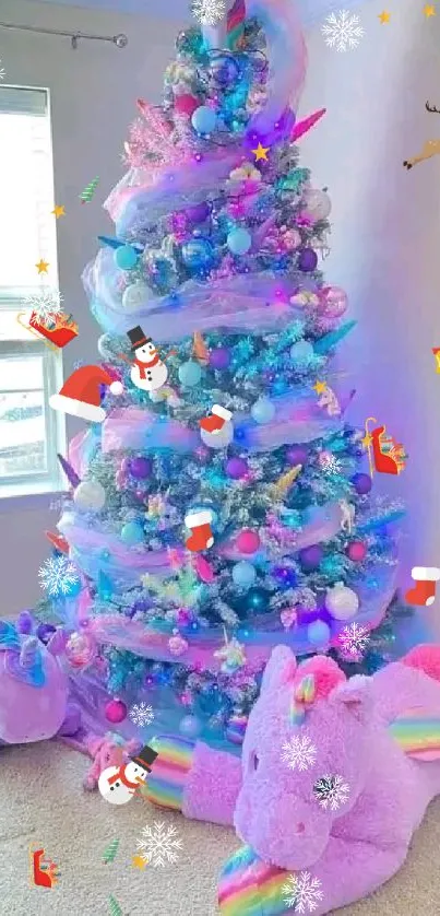 Colorful unicorn-themed Christmas tree with pastel decorations.