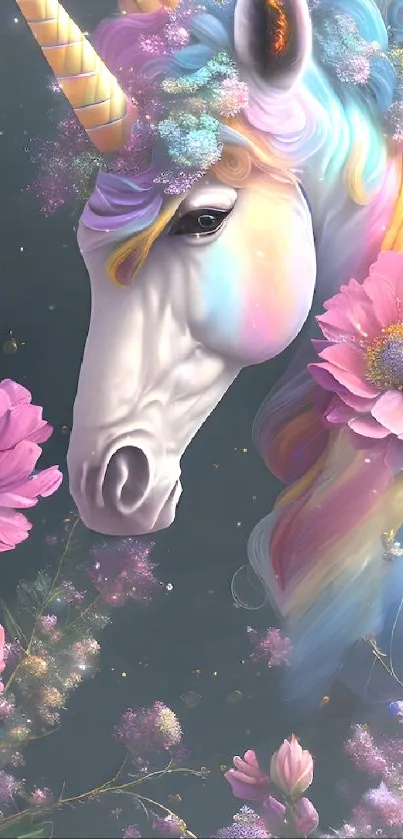 Whimsical unicorn with pink flowers in a fantasy art mobile wallpaper.