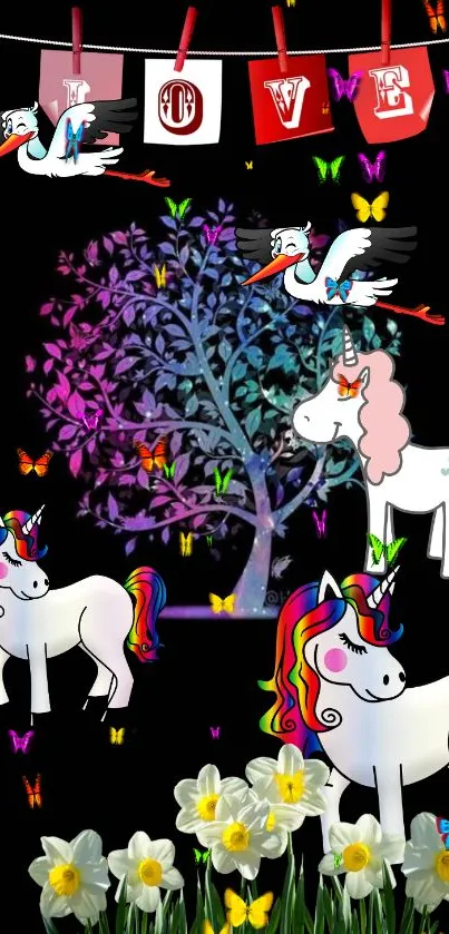 Whimsical unicorn and butterfly wallpaper with magical fantasy theme.