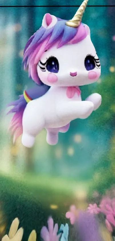Cute unicorn in a magical forest setting with pastel colors.