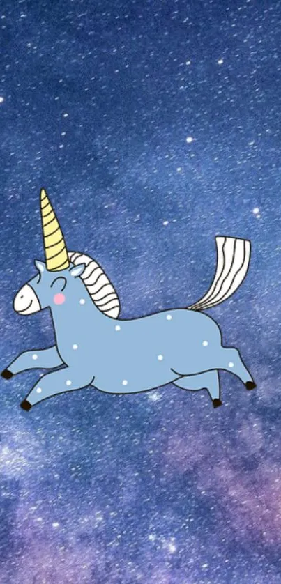 Whimsical blue unicorn on starry galaxy background mobile wallpaper.