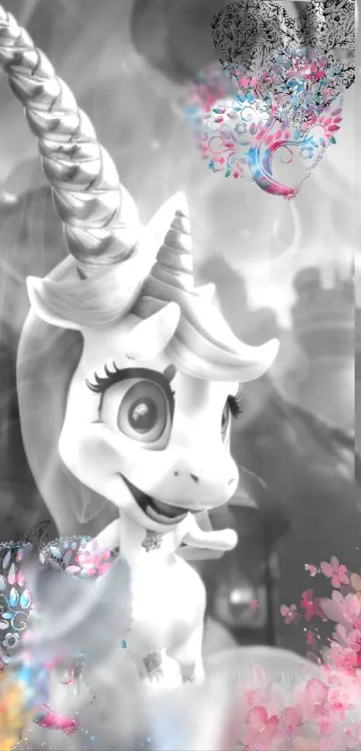 Whimsical unicorn with floral and grayscale effects in mobile wallpaper.