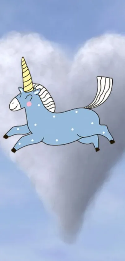 Whimsical unicorn flying in a heart-shaped cloud sky.