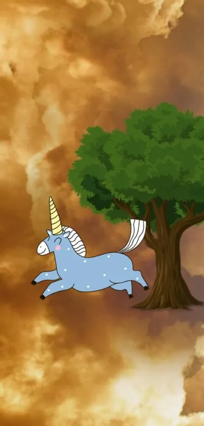 A blue unicorn leaps under a green tree in a mystical brown sky.