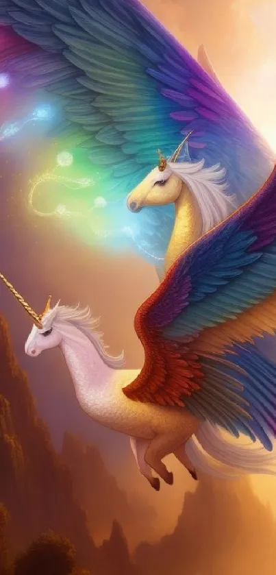 Two unicorns with vibrant wings flying at sunset.