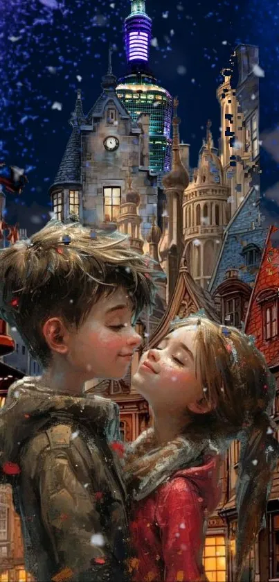 Whimsical fantasy wallpaper, cityscape with two young characters embraced.