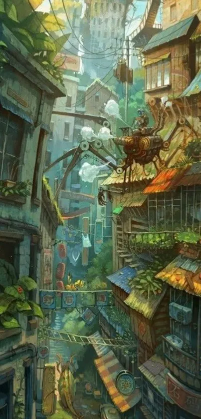 Whimsical artwork of a colorful urban street with intricate buildings.