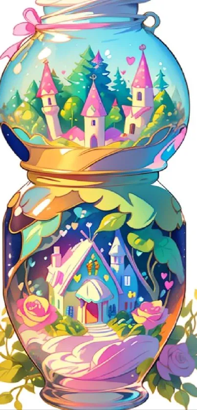 Whimsical fantasy scene with castles and cottage in vibrant colors.