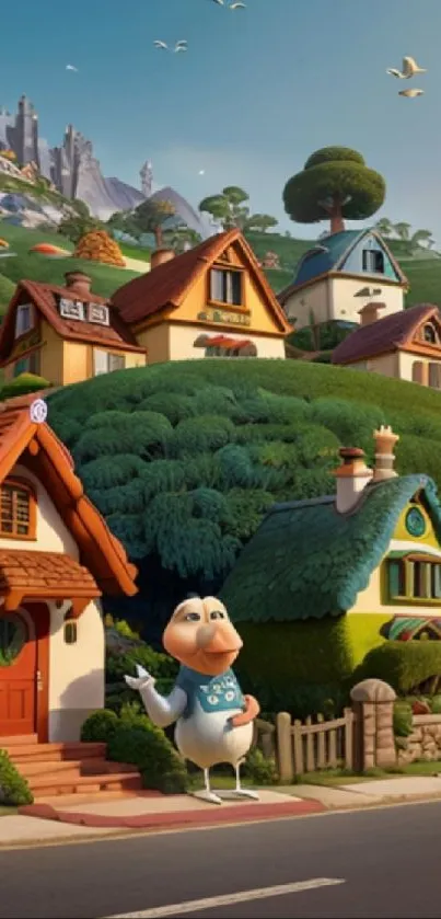 Whimsical village scene with cottages and green hills.