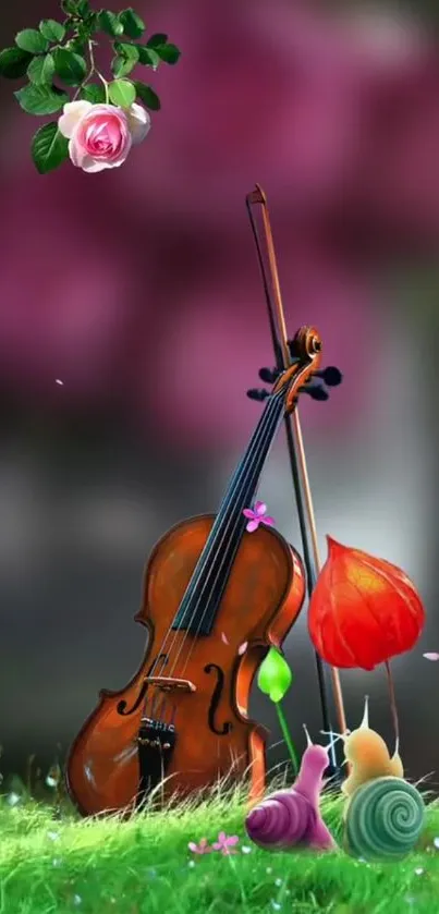 Whimsical wallpaper featuring a violin, flowers, and snails in a garden setting.