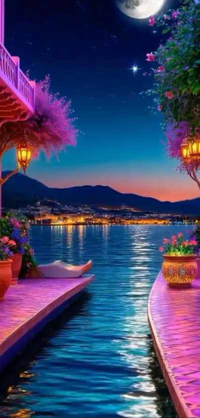 Whimsical waterfront nightscape with vibrant colors and a tranquil canal.