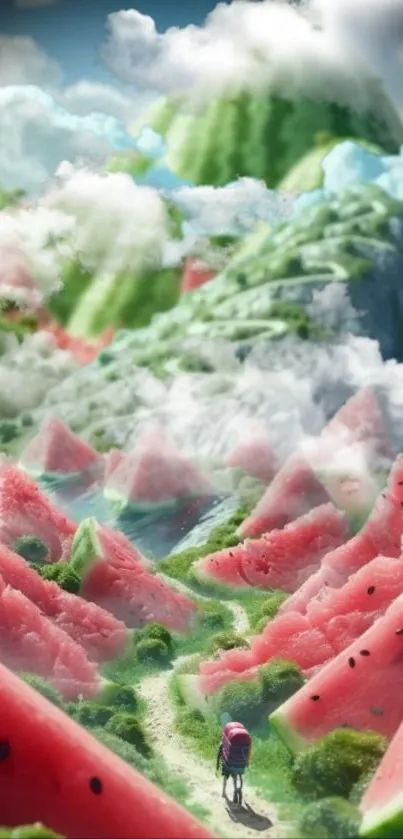 Artistic scene of green hills and watermelon slices.