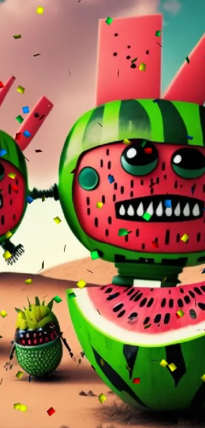 Quirky watermelon-shaped robots in a whimsical desert scene.